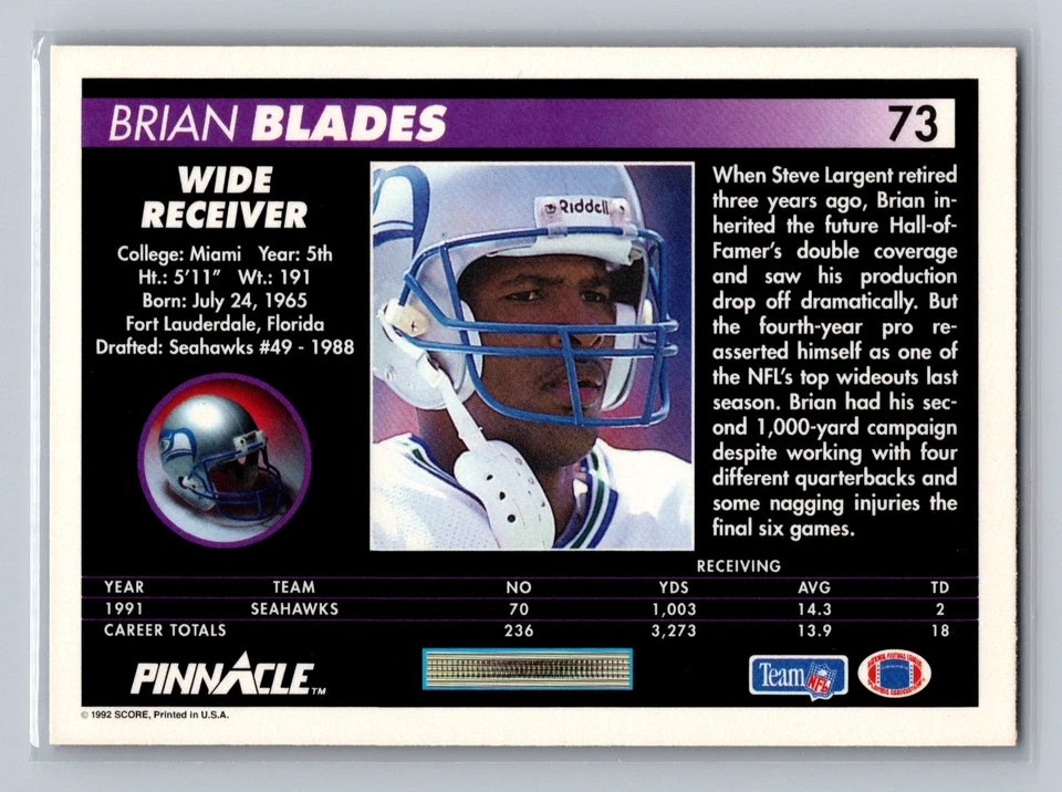 1992 Pinnacle - Brian Blades #73 - Image 2 of 2