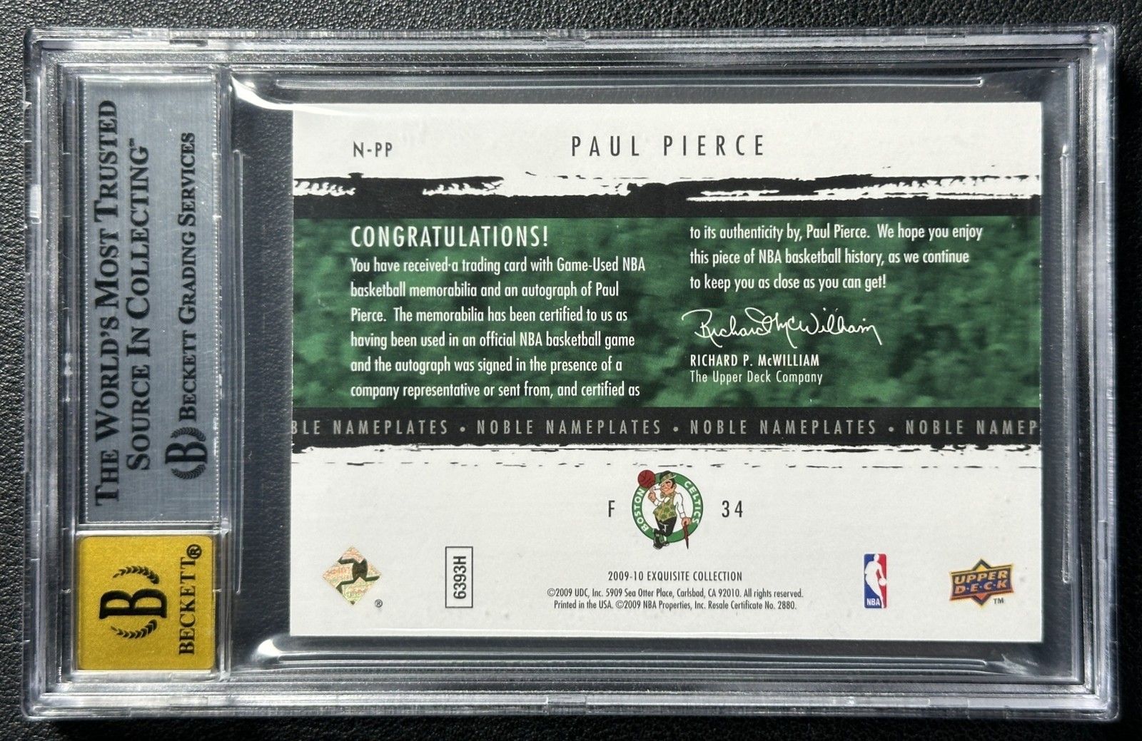 PAUL PIERCE BGS 8.5 2009-10 UPPER DECK EXQUISITE NOBLE NAMEPLATES PATCH AUTO /15 view 2