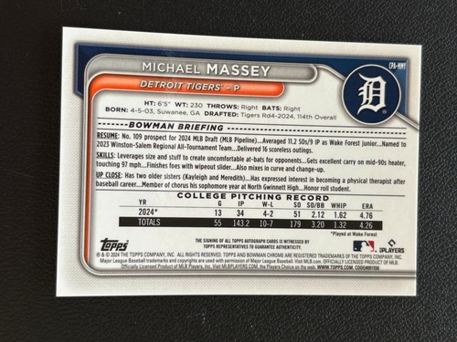 Michael Massey 2024 Bowman Chrome 1st Auto Autograph RC Detroit Tigers C57 - 第 2/2 張圖片