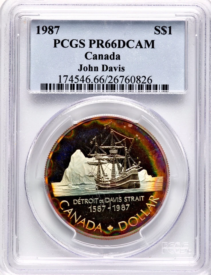 Dólar de plata canadiense John Davis 1987 graduación profesional PR66DCAM tono arco iris Foto 3 de 4