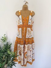 Monsoon Dress Womens M Orange White Blue Midi Button Front Smocked Waist Summer