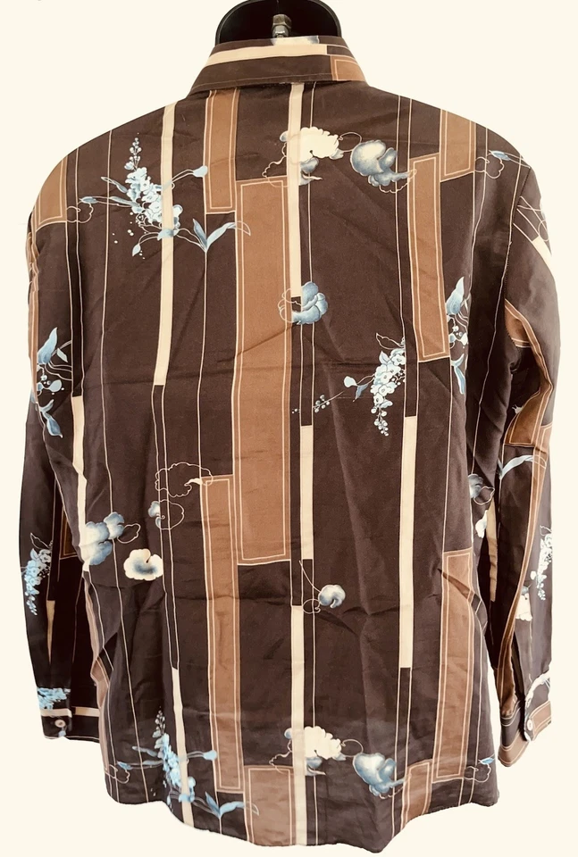 "Camisa geográfica floral marrón chemise et cie de colección años 70 cuello de daga discoteca M/L 44"" pecho" Foto 4 de 4