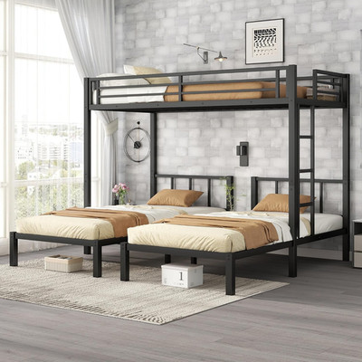 Triple Bunk Bed, Detachable Twin Beds, Easy Assembly, Black