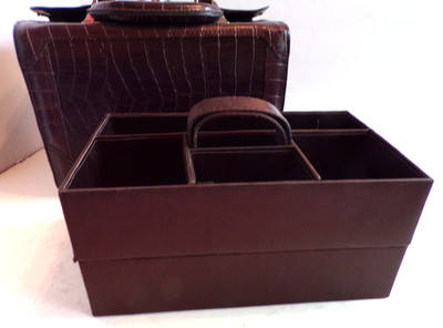 Marshall Fields Brown Faux Croc Embossed Make-up/Sewing Train Travel Case