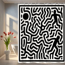 Black and White Shower Curtain with Abstract Line Design