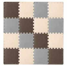 ProSource Foam Puzzle Floor Play Mat 16 Interlocking Tiles Brown/Beige/Grey