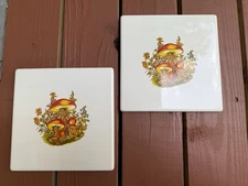 2 Vintage MCM Range Burner Covers  Steel/cast Enamel Ivory 70s Wall Hangers 9x9”