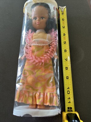 Vintage 1970s Hawaiian 14'' Doll Hong Kong Tiki Holoku Dress
