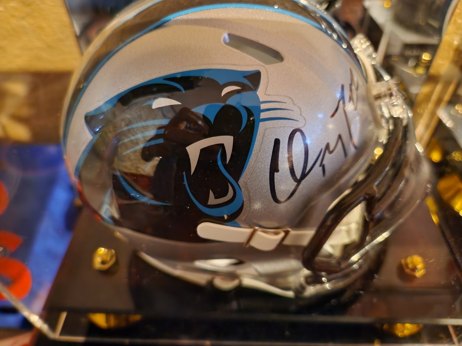 Christian McCaffrey Autographed Signed Carolina Panthers / Mini Helmet in Fanatics mirror display 