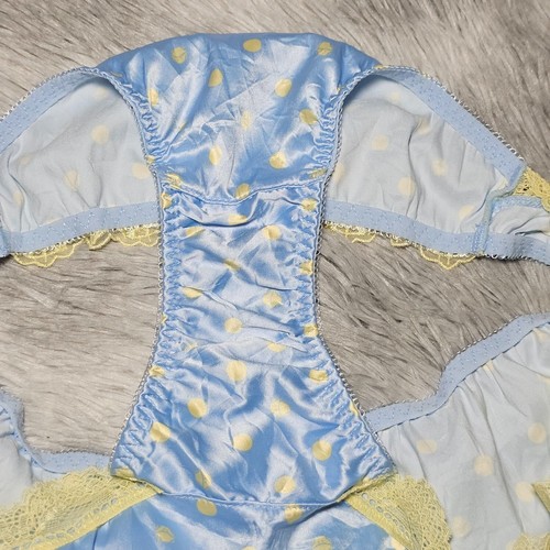 Vintage Shiny Satin Panty Blue Sissy Yellow Polka Dot Nylon Lace Brief Sz. Small - Picture 20 of 23
