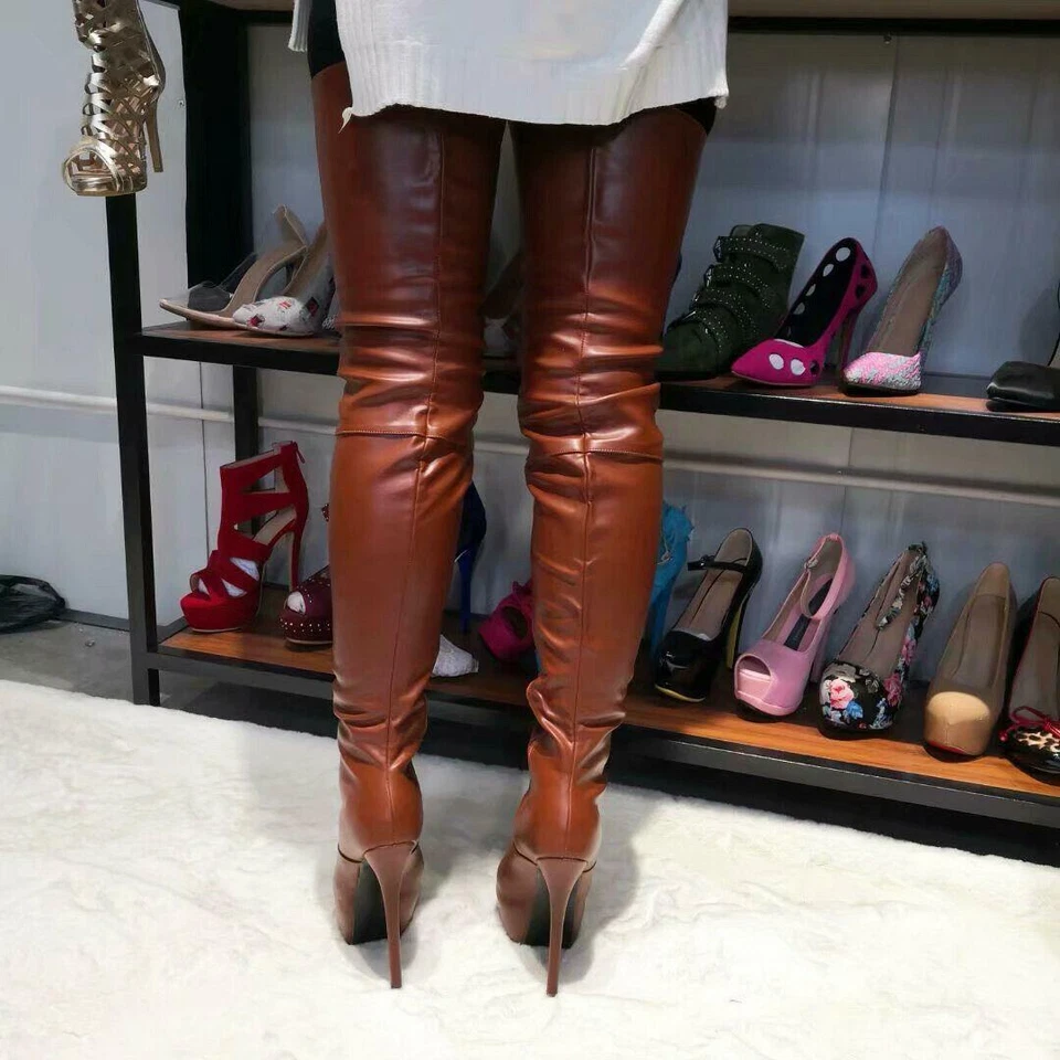 SUPER Mujeres Botas hasta el Muslo Plataforma Tacones Altos Botas Zapatos Cremallera Lateral Talla 4-20 Foto 3 de 4