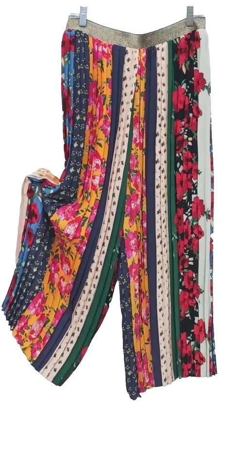 Pantalones Anthropologie M Azul Blanco Rojo Verde Negro Dorado Plisado Palazzo Pierna Ancha 8 Foto 4 de 4