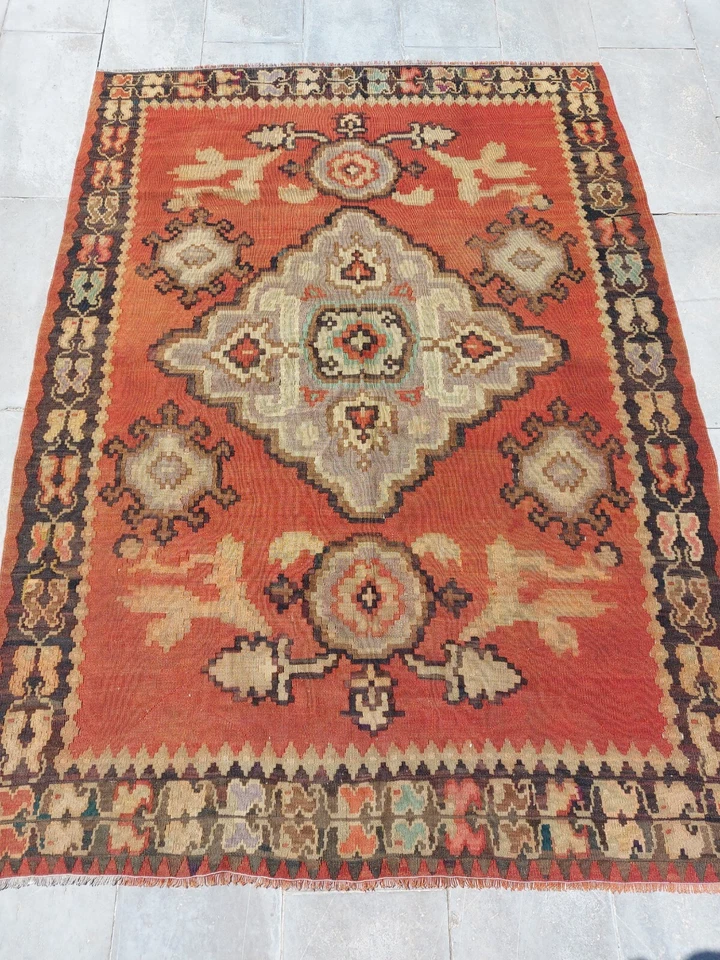 Alfombra antigua Oushak súper rara reccional alfombra decoración floral y geométrica alfombras Foto 2 de 4