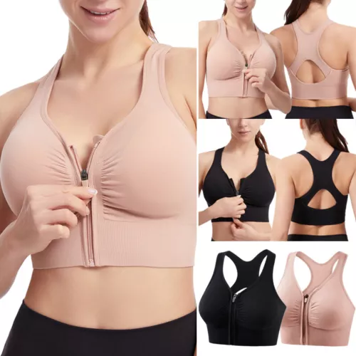 Womens Zip Front Sports Bra Wireless Post Surgery Bra Active Yoga Sports Bras UK - Picture 1 of 42