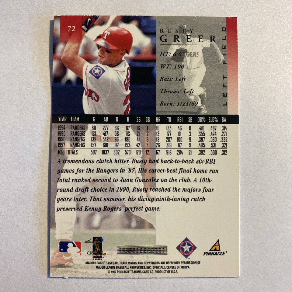 1998 Pinnacle #72 Rusty Greer Texas Rangers | eBay