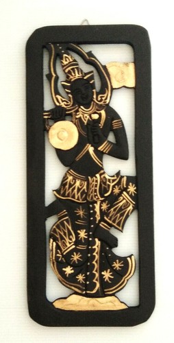 Wood Carved Wall Art Panel Small Black Thai Angel Vintage mandolin Gold trim - Picture 11 of 16