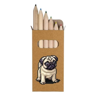 6 x 'Pixel Art Pug Puppy' Short 85mm Pencils / Coloured Pencil Set (PE00060388)