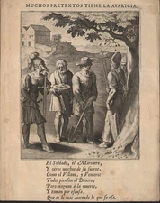 1733 Gravure Emblême L'avarice Chevalier et paysans Otto van Veen