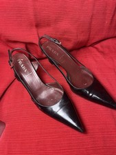 PRADA Pointed Toe Black Leather Slingback Pumps Size 37 Black Kitten Heel Italy