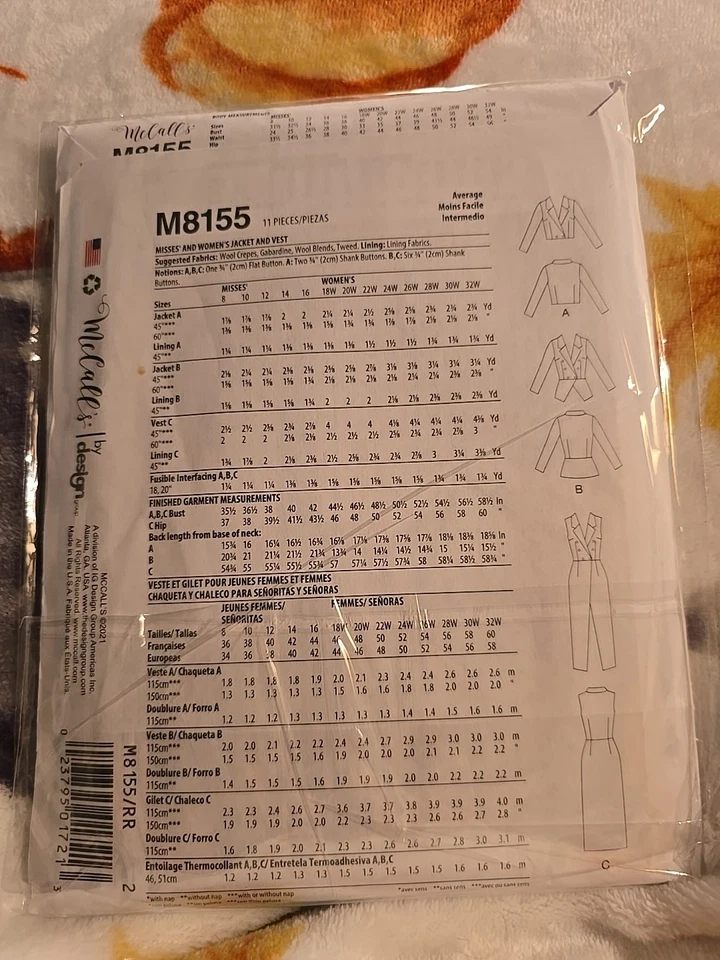 McCalls R10912 M8155 Misses Jacket Vest Various Length Pattern 18W-24W *Uncut* - Image 2 of 2