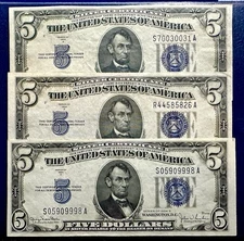 Beautiful Lot of 3 AU 1934-D U.S. $5 Blue Seal Silver Certificates SN's in Desc.