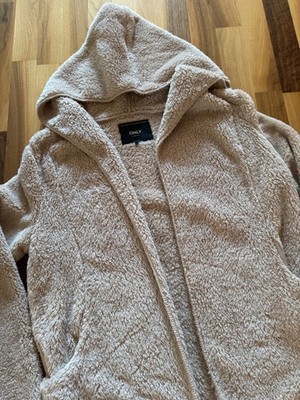 Teddyjacke Teddymantel Plüsch Kurzmantel beige Kapuze Damen Gr. L von ONLY