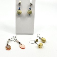 VTG Boho Earring Set 3 Pairs Shell MOP Bead Dangle Drop Silver Tone Mixed Lot