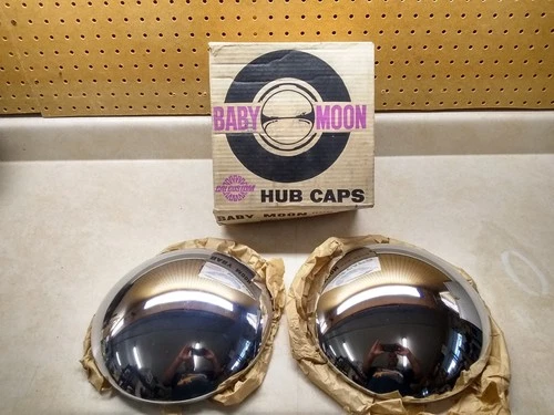 VTG NOS Cal Custom Baby Moon Hub Caps, (2), 9" Diameter, Original Box!