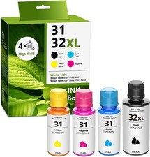 Vibrant 32XL/31 Black Cyan Yellow Magenta Ink Bottles Fade Resistant, 4-Pack