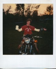 Old Vintage Photo COLOR POLAROID SOLO WOMAN BEER STEIN MOTORCYCLE FUNNY POSE