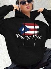 Casual Polyester Hoodie with Puerto Rico Flag Print - 100 Polyester Knit Fabric