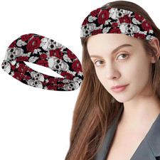 Halloween Headbands for Women, Skull Hairbands Red Peony Flowers Design Turban H