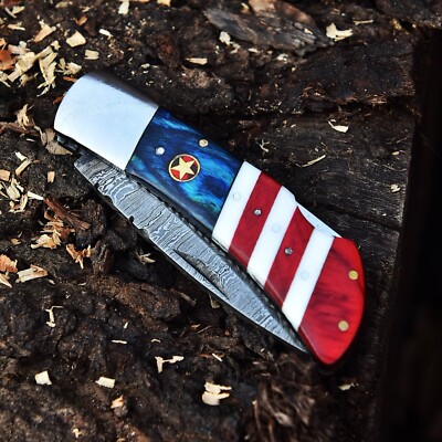 Damascus Pocket Knife - Handmade Folding Blade Lock-back American Flag