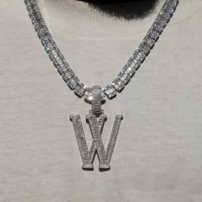 Baguette & Round Cut Moissanite Initial ''W'' Letter Pendant 14K White Gold Plated