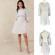 Banana Republic Linen Open Back Balloon Sleeve Mini “2024” Dress Oatmeal Size 14