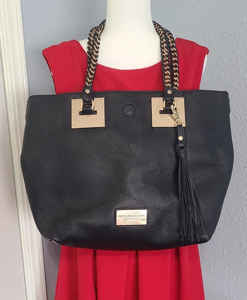 Marc New York Large Black Purse Bag Tote Gol Tone Hardware Tassel Braides Chain - Image 2 of 4