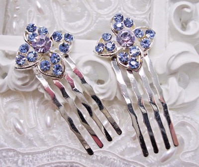 Blue & Lavender Rhinestone Flowers Side hair comb pair 