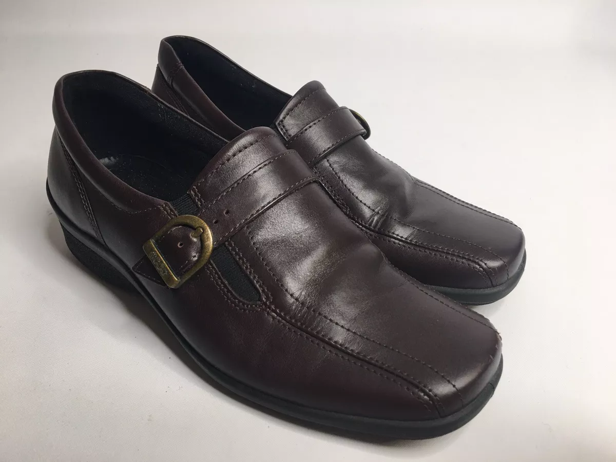 ECCO Women Brown LEATHER LOAFERS Shoes US Size 6 6.5 EU 37 Slip On Buckle Accent