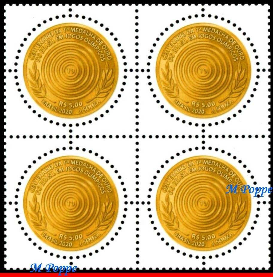 20-17 BRAZIL 2020 CENT. 1st GOLD MEDAL IN OLYMPIC GAMES, ROUND STAMP, BLOCK MNH