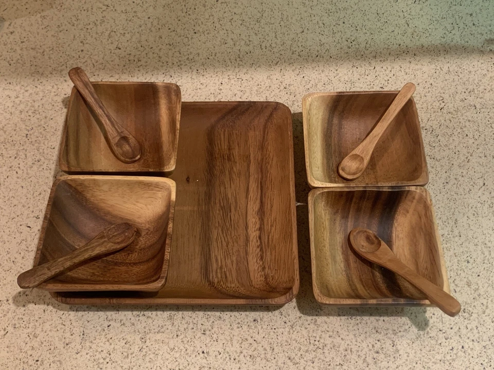 Juego de bandejas de condimentos de madera de 9 piezas con 4 cuencos 4 cucharas y bandeja Foto 3 de 4