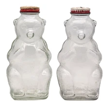 2 ~ VINTAGE Snow Crest Beverages Glass Bear Bank Bottles SALEM MASS