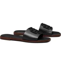 NIB Tory Burch Ines Logo Slide Leather Sandal BLACK US 8 AUTHENTIC