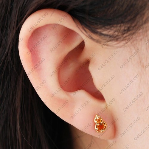 Citrine Gemstone Calabash Shape Wife Stud Earrings Jewelry 14K Solid Yellow Gold - Picture 7 of 8