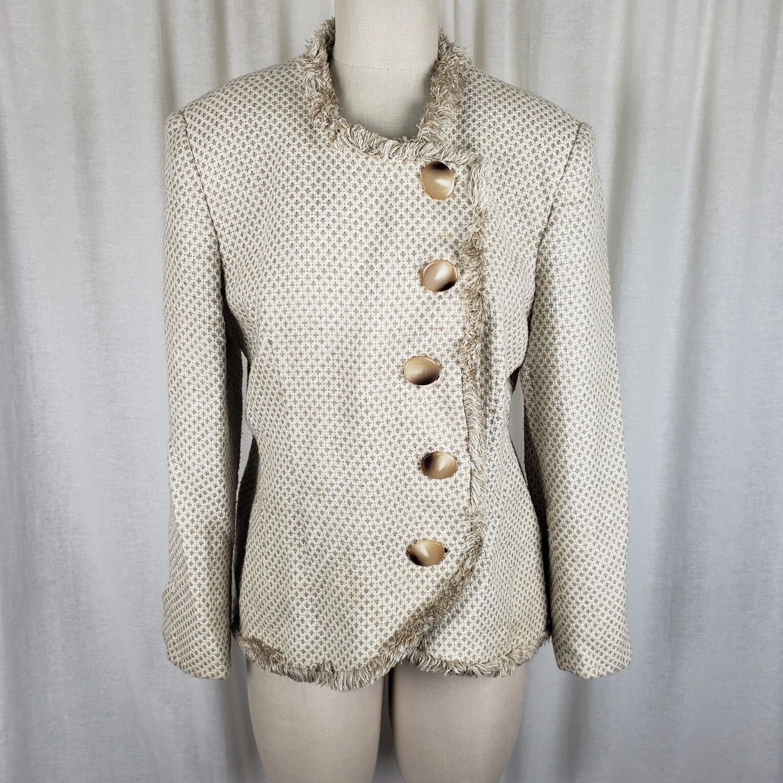 Blazer Christian Dior Lana Frange Off Centro Bottone Giacca Da Sera Donna 12 USA