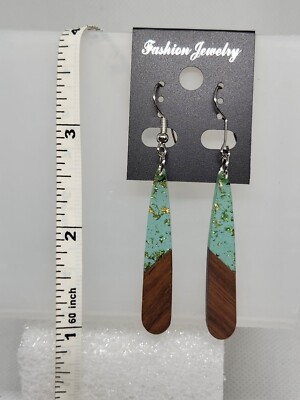 Walnut Wood & Green Resin Dangle Earrings