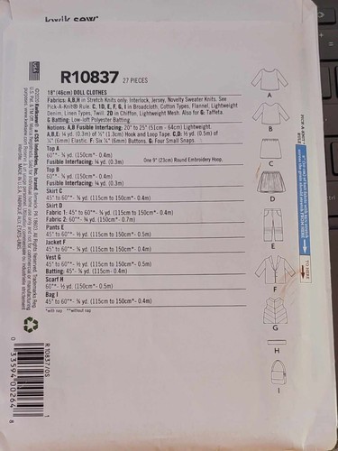 Kwik Sew Pattern K4307 / R10837 18" Doll Clothes - Picture 2 of 2