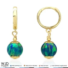 14K Yellow Gold Teal Blue Green Fire Opal Ball Huggie Hoop Dangle Drop Earrings