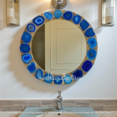 Blue Agate Round Console Wall Hanging Mirror Vanity Top Custom Bath Interior Dec