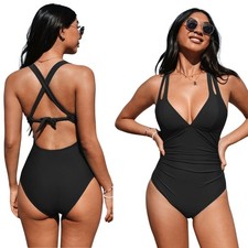Cupshe Women's Plunge Paneling Cross Tie Back One Piece Swimsuit Black Size XL