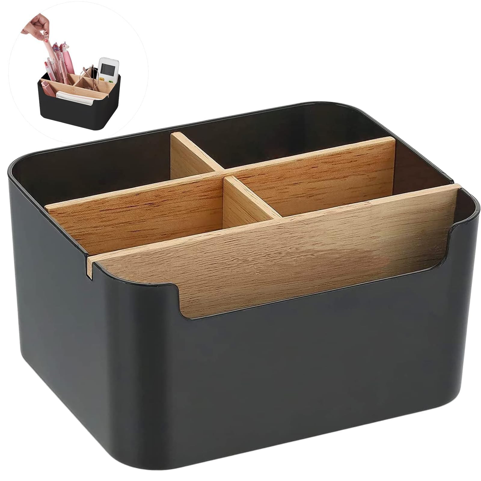 Organisateur de Bureau en Bois à 5 Compartiments pour Stylos - Modèle Naturel 25cm